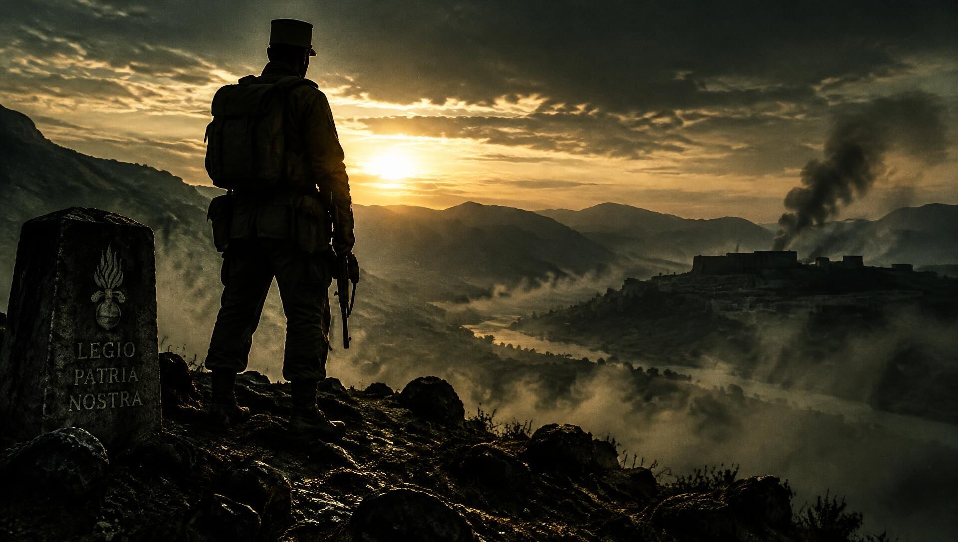 Silhueta de legionário observando um vale ao amanhecer